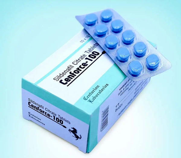 Cutie Cenforce 100 mg cu blister de pastile albastre sildenafil pentru erectie