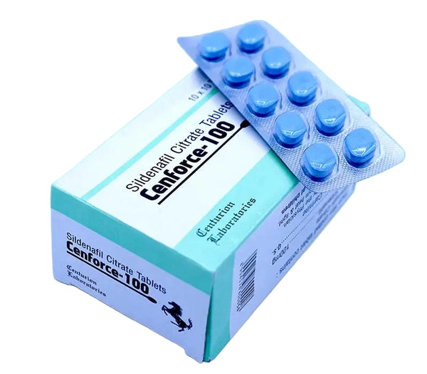 Cutie Cenforce 100 mg cu blister de pastile albastre sildenafil pentru erectie
