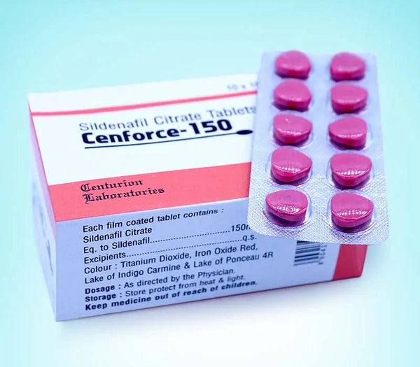 Cutie Cenforce 150 mg cu blister de pastile roz sildenafil pentru erectie