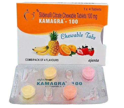 Cutie Kamagra 100 Chewable cu dropsuri masticabile colorate pentru erectie