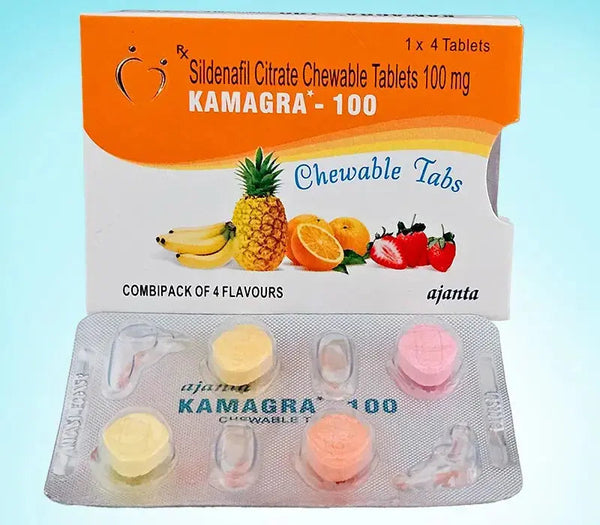 Cutie Kamagra 100 Chewable cu dropsuri masticabile colorate pentru erectie