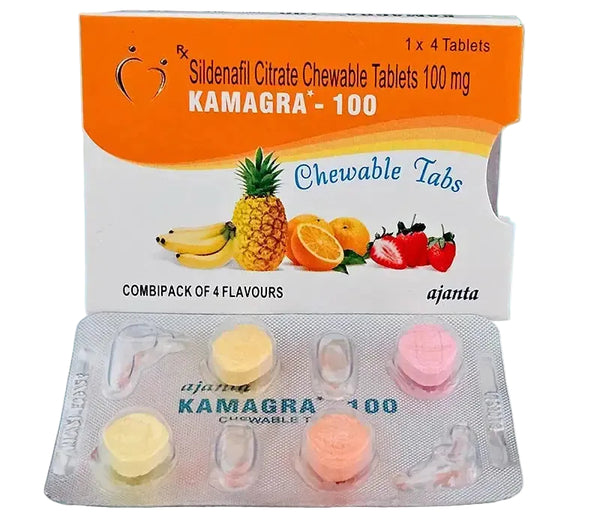 Cutie Kamagra 100 Chewable cu dropsuri masticabile colorate pentru erectie