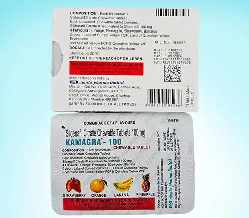 Ambalaj Kamagra 100 Chewable de la Ajanta Pharma pentru potenta