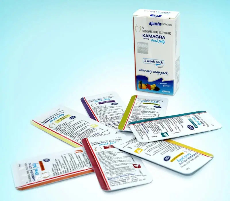 Jeleu Kamagra Oral Jelly 100 mg, ambalaj cu 7 plicuri plus unul gratuit pentru erectie rapida