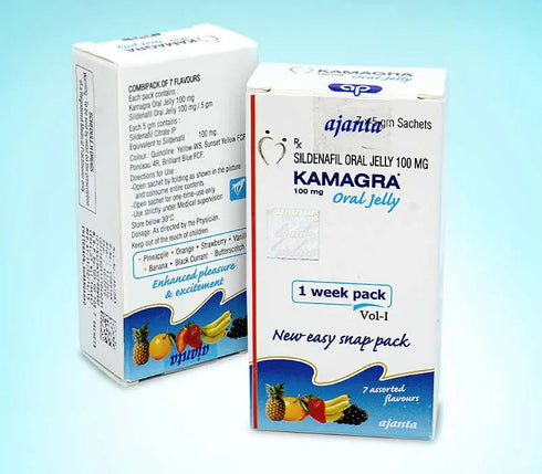 Cutie Kamagra Oral Jelly 100 mg cu 7 arome asortate, sildenafil pentru potenta masculina